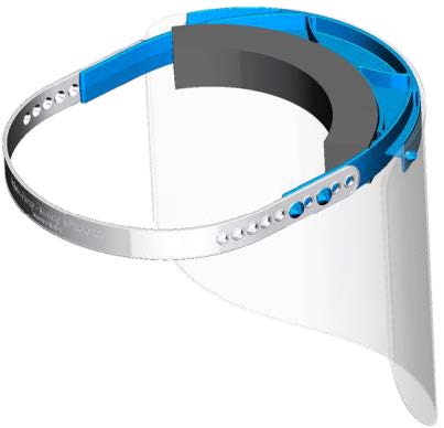 A hospital grade face shield locally manufactured in Canada by Axiom Group.