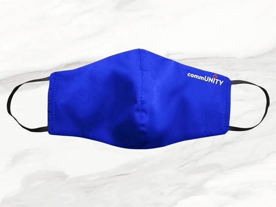 A blue reusable cloth face mask manufactured by CommUNITY Masks. These PPE (Personal Protective Equipment) masks are hospital grade and available for purchase.